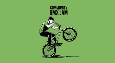 Naklejka premium BMX Stunt Performer Performing A Wheelie Against A Green Backdrop Illustration
