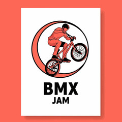 Naklejka premium BMX Stunt Rider Executes Impressive Wheelie on Bicycle within Crimson Crescent Logo Design