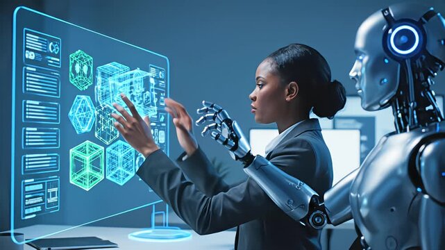 Futuristic collaboration between Black businesswoman and humanoid robot analyzing 3D holographic blockchain data, cool blue lighting, side view of AI technology integration in modern office