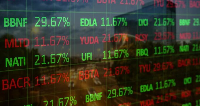 Electronic stock-ticker grid reacting to trades, shifting values over clear glass showing trends