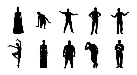 Fototapeta premium Silhouettes of people in various poses against a plain white background