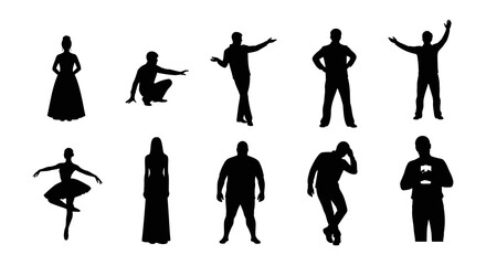 Fototapeta premium Silhouette collection of people in various poses and clothing styles