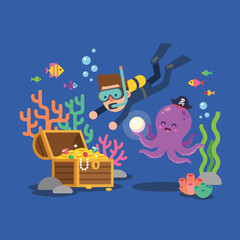 Scuba Diver Discovers Treasure Chest with Octopus. © alifia