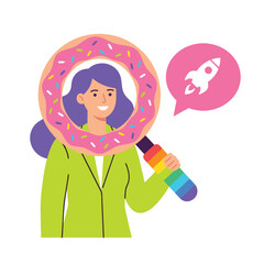 Woman holding a donut magnifying glass with a rocket ship icon.