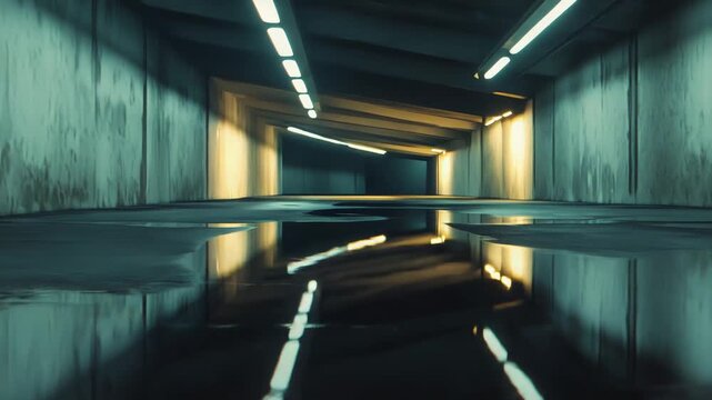 Wet concrete tunnel winding through an urban underground space, reflecting artificial lights and creating a mysterious journey towards an unknown distant future