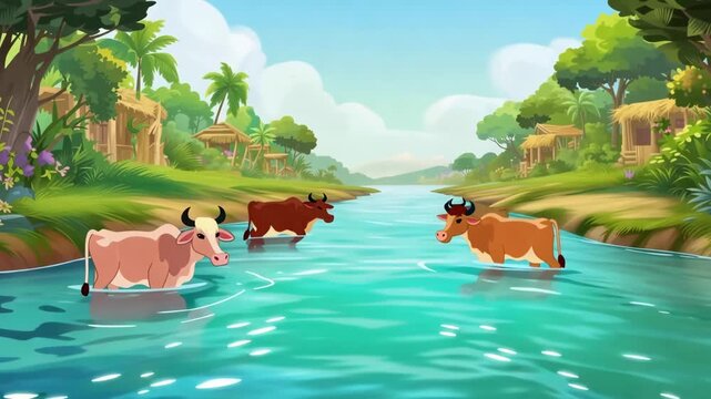 Animated cows in a lush tropical river landscape with traditional huts and cloudy sky background