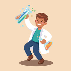 Young scientist boy with test tubes and bubbling liquids.