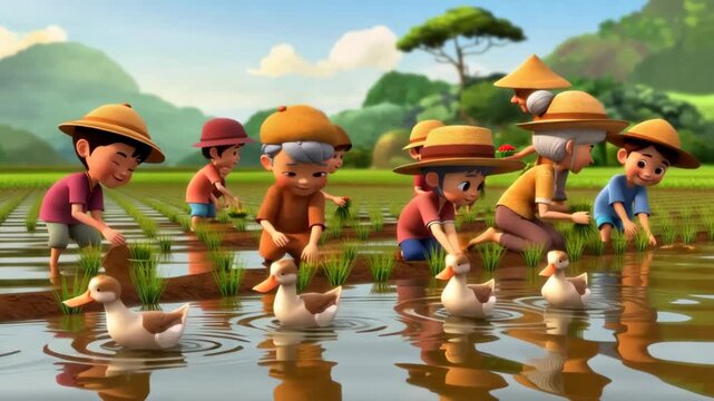 Animated farmers planting rice seedlings with ducks in paddy field cartoon style showing tradition of teamwork in southeast asia