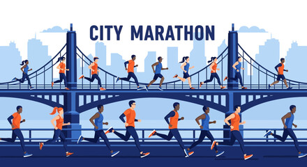 City Marathon Runners Crossing Bridge in Animated Perspective for Fitness and Sport Activities