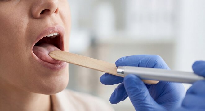 Doctor Examines Woman's Throat with Tongue Depressor