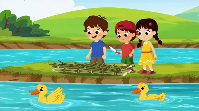 Animated scene of children building a raft with ducks floating in the river on a sunny day