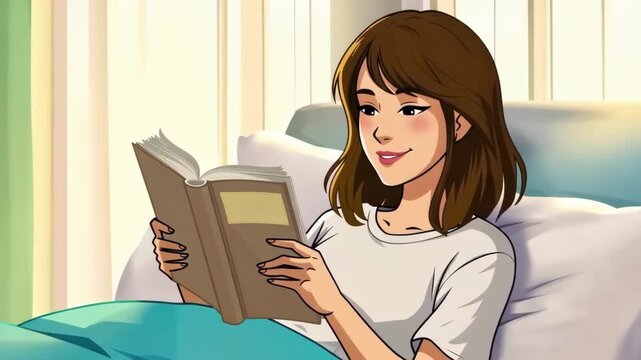 Animated woman relaxing in bed reading a book near window cartoon style video depicting leisure and education for backgrounds and storytelling