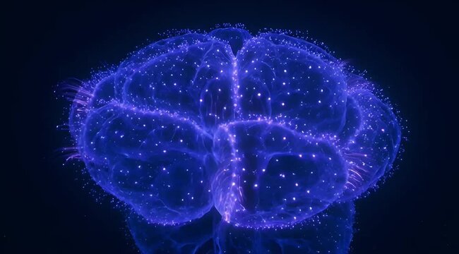 Glowing and Energetic Brain Representation with Purple and Blue Hues on Dark Background