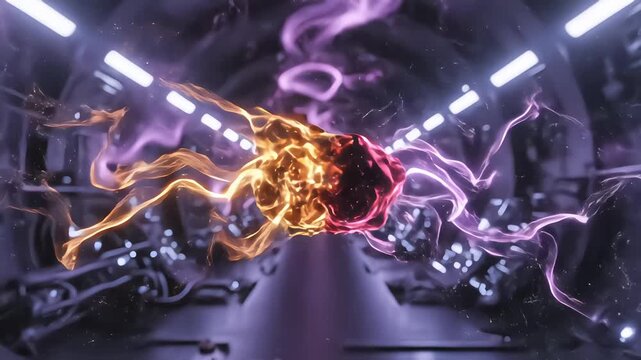 Abstract multicolored liquid spheres colliding and exploding in futuristic sci-fi spaceship corridor with neon lighting