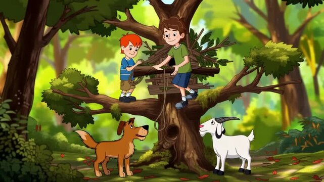 Cartoon animation of two boys building a treehouse with a dog and goat in a lush green forest