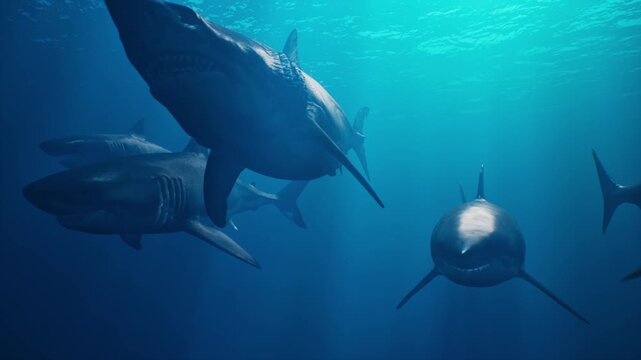 A group of white sharks swim underwater