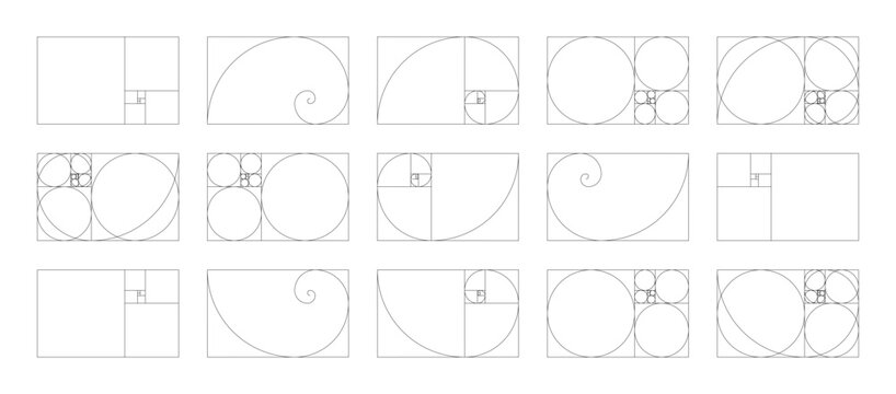 Templates of golden ratio harmony proportions. Horizontal Fibonacci numbers array set of 15 elements.