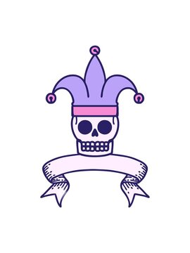 glitter effect animation of traditional tattoo with banner of a skull jester