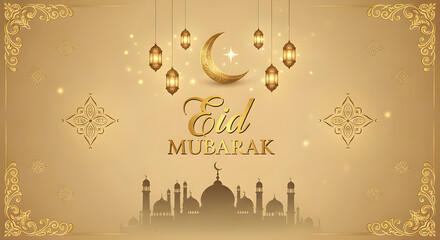 Elegant Eid Mubarak greeting with golden crescent moon, mosque silhouette, lanterns, and ornamental borders on a warm beige background.