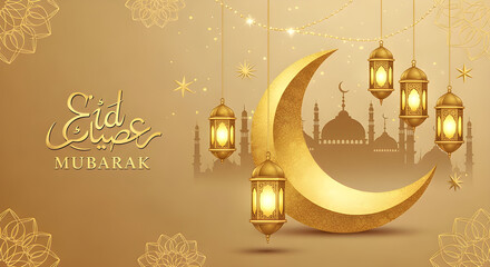 Luminous Eid Mubarak design featuring a large golden crescent moon, illuminated lanterns, mosque silhouette, and Arabic calligraphy on a textured beige background.