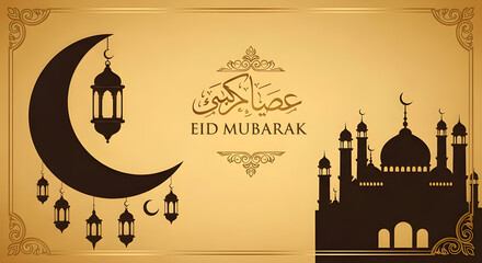 Festive Eid Mubarak illustration with a prominent dark crescent moon, hanging lanterns, and a silhouetted mosque against a decorative gold frame and yellow background.