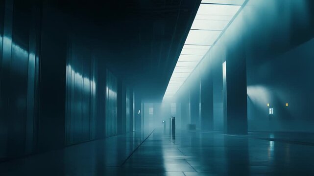 Empty futuristic corridor bathed in blue light and mist, glossy floor reflections amplifying a silent, cinematic, sci fi atmosphere suggestive of a virtual portal to the future
