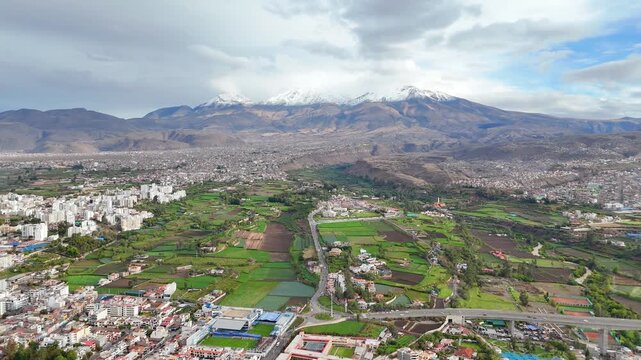 Aerial view of the Chachani volcano and the Chilina valley in Arequipa, Peru