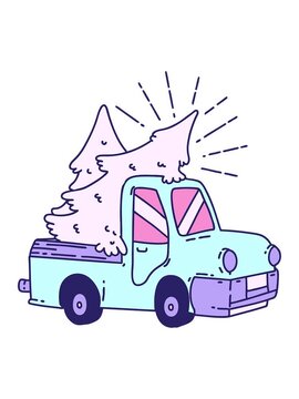 bob and pause animation of illustration of traditional tattoo style truck carrying trees