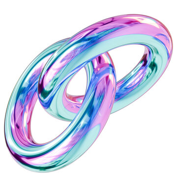
Holographic iridescent liquid metal interlinked rings. Neon geometric element showing concept of connection and digital unity.  3D illustration isolated