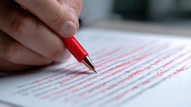 Close up of hand with red pen correcting text on a white paper