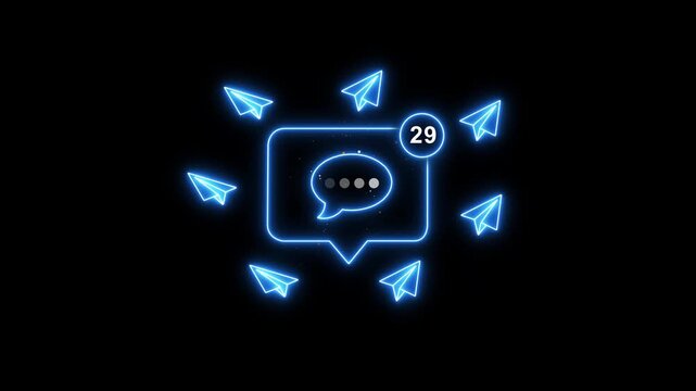 Glowing blue chat box with speech bubble and paper airplanes on black background with unread message notification