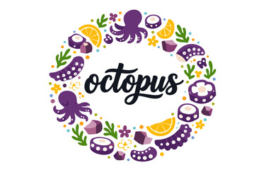 Colorful octopus wreath with lemon slices and sea elements in circular design