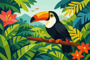 Fototapeta premium Vibrant toucan with bright beak perched in lush jungle forest