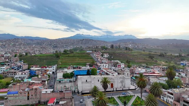Aerial view of Paucarpata Square and the Pichu Pichu volcano at dawn