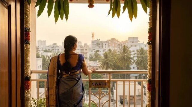 Woman in traditional attire standing on balcony during sunset, observing cityscape in the background. Scene captures cultural significance of Ugadi, Holi,