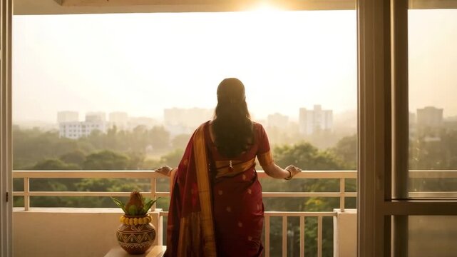 Woman in traditional attire celebrating Ugadi and Gudi Padwa looking at sunrise from balcony. Ugadi festivities include decorative elements and festive mood. Concept Ugadi and Gudi Padwa celebration.