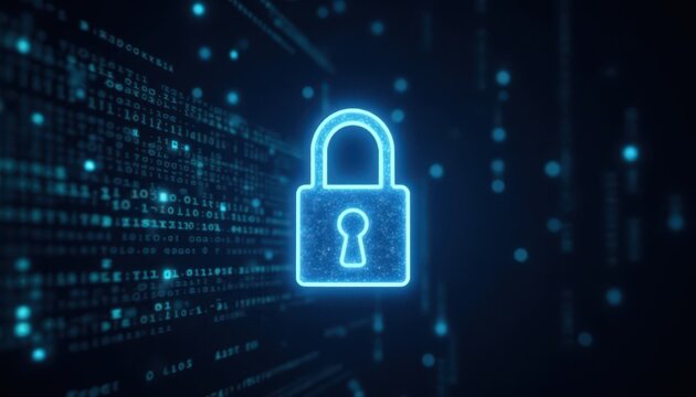 Digital padlock glowing on computer code background. Cyber security and data protection concept.