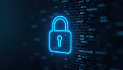 Digital padlock glowing on computer code background. Cyber security and data protection concept.