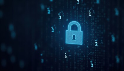 Digital padlock glowing on computer code background. Cyber security and data protection concept.