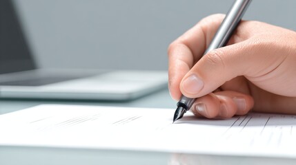 Close up of hand holding pen writing on paper near laptop