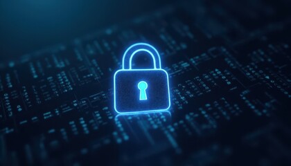 Digital padlock glowing on computer code background. Cyber security and data protection concept.