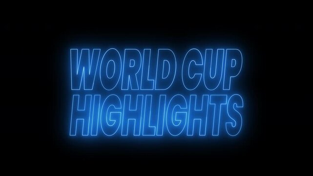 World cup highlights text animation in bright blue neon. 4k animated typography perfect for sports announcements, social media posts, and event promotions.