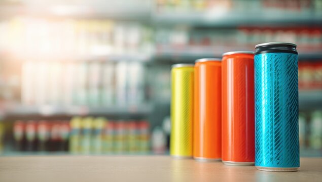 colorful cans of energy drink standing on the shelf in a store