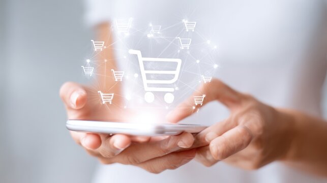 Woman holding smartphone with shopping cart icons representing online business