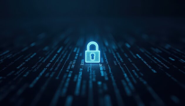Digital padlock glowing on computer code background. Cyber security and data protection concept.