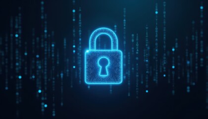 Digital padlock glowing on computer code background. Cyber security and data protection concept.
