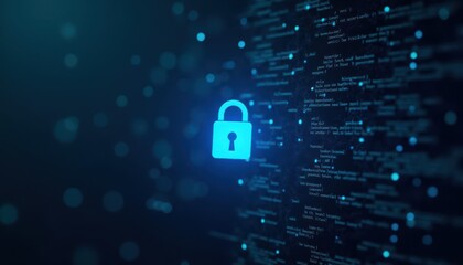 Digital padlock glowing on computer code background. Cyber security and data protection concept.