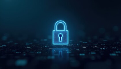 Digital padlock glowing on computer code background. Cyber security and data protection concept.