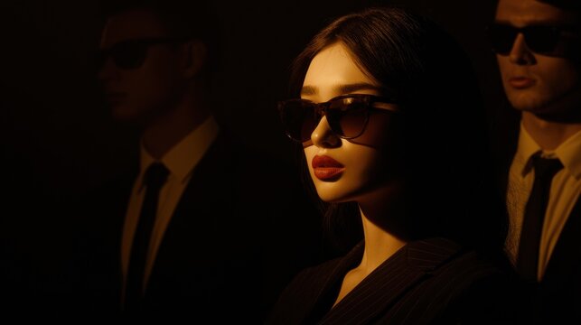 Woman with sunglasses and bodyguards in dramatic lighting