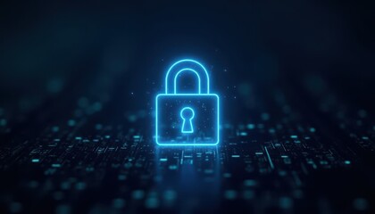 Digital padlock glowing on computer code background. Cyber security and data protection concept.